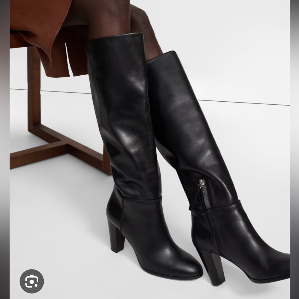 Theory Knee High Heeled Black Leather Boots 39 New without box
